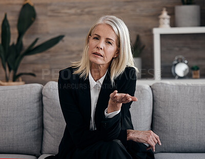 Buy stock photo Business therapist, psychology communication and portrait of a mature woman sitting on a couch. Mental wellness worker, psychologist and life coach doing a counseling consultation on a office sofa