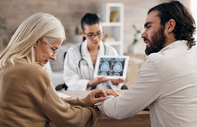 Buy stock photo Brain, scan and doctor with mother and son for mri results or xray diagnosis for cancer on tablet. Healthcare, advice and patient in doctors office consulting on health problem for hospital treatment