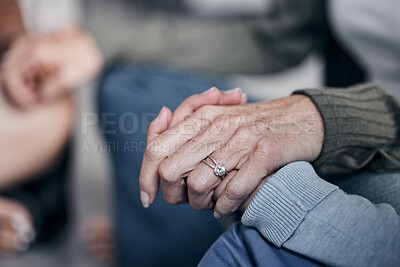 Buy stock photo Holding hands, praying or therapy with group, support and worship with mental health, faith and empathy for people in crisis. Psychology, trust and respect with community in counseling for trauma