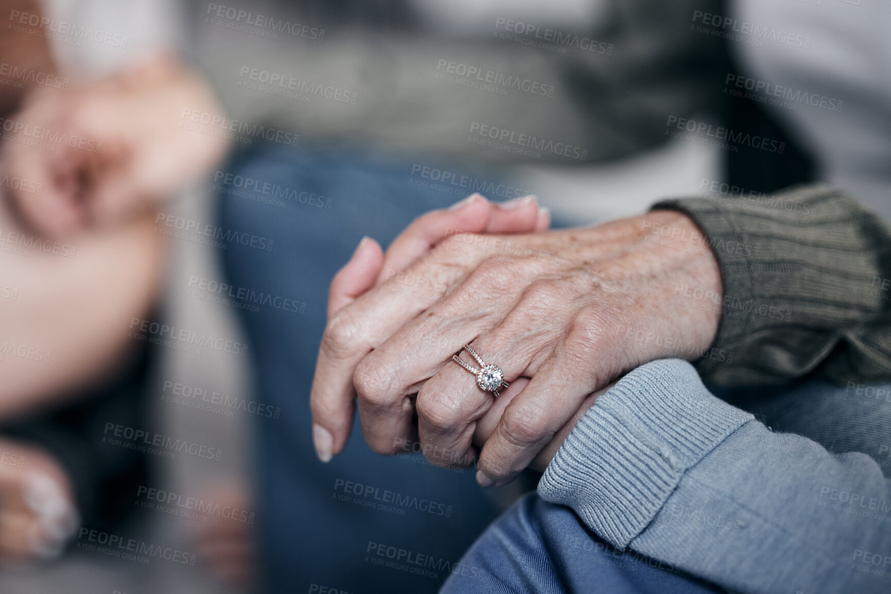 Buy stock photo Holding hands, praying or therapy with group, support and worship with mental health, faith and empathy for people in crisis. Psychology, trust and respect with community in counseling for trauma