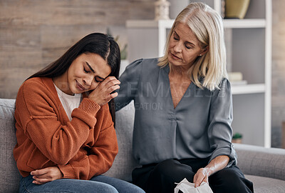 Buy stock photo Sad woman, therapist and care for understanding in support for addiction, mental health or counseling. Female counselor or shrink helping crying patient in healthcare, therapy session or meeting