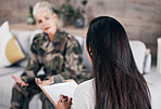 Soldier, psychologist and conversation on sofa for mental health problem, ptsd and trauma from ukraine war. Military woman, psychiatrist and talking about anxiety, stress and depression from combat