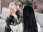 Soldier woman, psychologist and crying on sofa for therapy, ptsd and help for mental health problem from Ukraine war. Military professional, sad depression and talking on couch after combat 