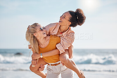 Buy stock photo Piggyback, happy or friends at a beach to relax talking or laughing on summer holiday vacation in Florida, USA. Bonding, smile or women enjoy traveling to sea or ocean on girls trips with freedom
