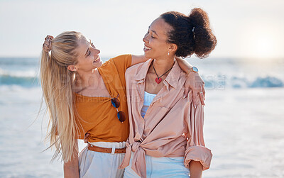 Buy stock photo Hug, friendship and women at the beach for bonding, weekend fun and quality time in Miami. Travel, summer and friends with affection, freedom and on holiday together at the sea to relax by the ocean