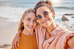 Selfie, beach and portrait of women on summer, vacation or trip, happy and smile on mockup background. Travel, face and freedom by friends hug for photo, profile picture or social media post in Miami
