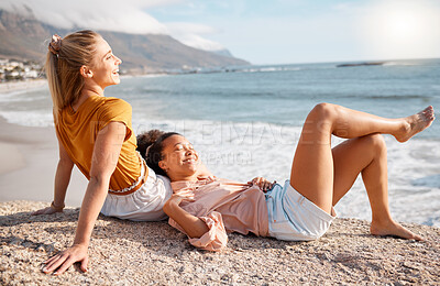 Buy stock photo Beach, relax and women at the sea for travel, sightseeing or fun on vacation against blue sky background. Happy, friends and ladies smile, talk and bond at ocean with peace, freedom and joy in Miami
