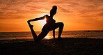 Meditation, yoga and silhouette of woman on beach at sunrise for exercise, training and pilates workout. Motivation, fitness and shadow of girl balance by ocean for sports, wellness and stretching