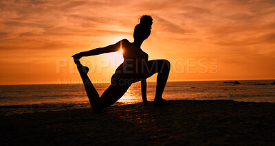 Buy stock photo Meditation, yoga and silhouette of woman on beach at sunrise for exercise, training and pilates workout. Motivation, fitness and shadow of girl balance by ocean for sports, wellness and stretching