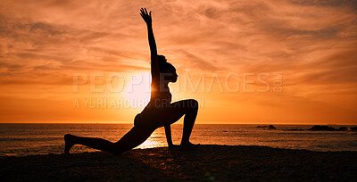 Buy stock photo Pilates, yoga and silhouette of woman on beach at sunrise for exercise, training and fitness workout. Motivation, meditation and shadow of girl balance by ocean for sports, wellness and stretching