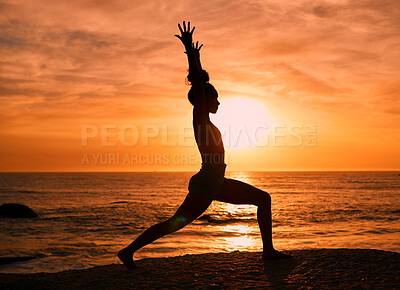 Buy stock photo Fitness, yoga and silhouette of woman at sunrise on beach for exercise, training and pilates workout. Motivation, meditation and shadow of girl balance by ocean for sports, wellness and stretching