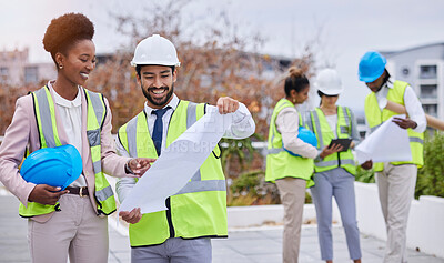 Buy stock photo Construction worker team, discussion and blueprint for planning vision, strategy and paper for building design. Architect group, black woman and men with tablet, helmet and teamwork for development