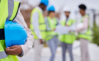 Buy stock photo Construction, building and team of engineers on site for creative, planning and blurred background. Builder, safety and architect with group for thinking, problem solving and engineering on mockup