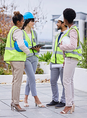 Buy stock photo Architecture group discussion, tablet and planning vision, strategy or blueprint for property with team. Architect teamwork, black woman and men with collaboration, helmet and goals for development