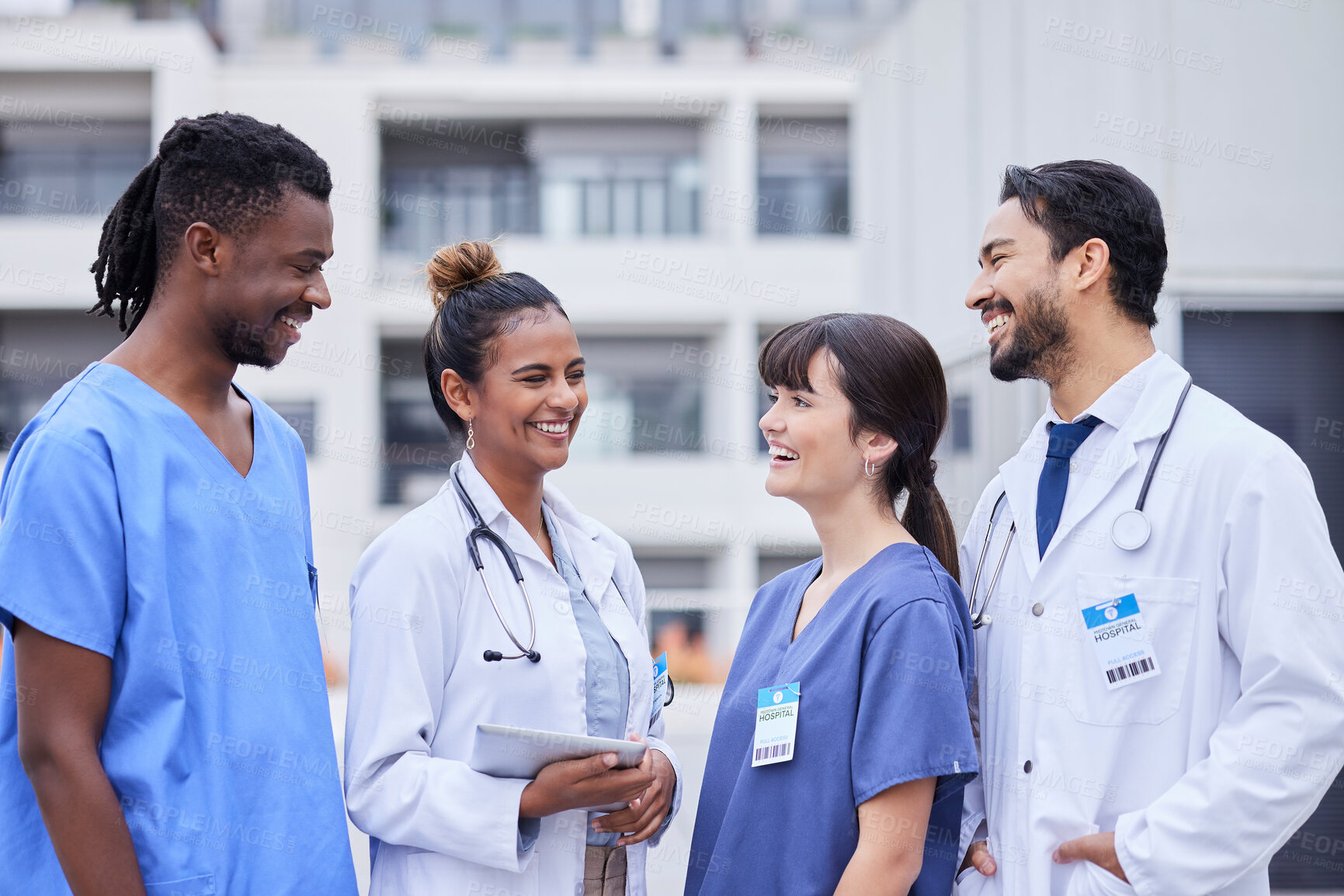 Buy stock photo Doctors, happy or team building with tablet outdoor for collaboration, networking or medicine search. Medicine, medical or group of nurse smile with 5g tech for idea research, innovation or analytics