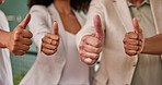 Business people, hands and thumbs up for good job, winning or yes in agreement at the office. Group of employee workers showing hand sign or emoji in team support for like, agree or yes at workplace
