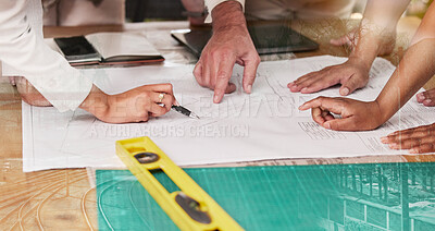 Buy stock photo Hands, blueprint and architecture with a design team planning on a table using a floor plan. Building, strategy and collaboration with an engineer employee group at work on project development
