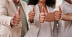 Business people, hands and thumbs up for winning, agreement or good job at the office. Group of employee workers showing hand sign or emoji in team support for like, agree or yes at workplace