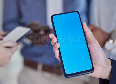 Buy stock photo Green screen, phone and hands of business people for mobile app, design mockup and product placement. Smartphone, technology and blue background for communication, networking chat or social media ux