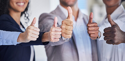 Buy stock photo Thumbs up, hands and business people, diversity and yes, agreement and success with motivation and collaboration. Achievement, hand sign and emoji with employee group, like and solidarity with team