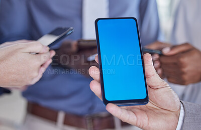 Buy stock photo Phone green screen and people hands for mobile app, networking mockup and product placement. Smartphone of business group, blue mock up communication, social media chat or website ux for contact us