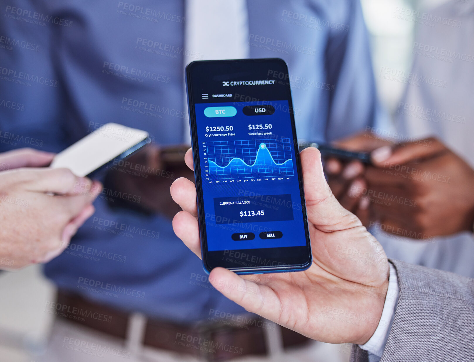 Buy stock photo Online trading, stats and hands with a phone for finance, digital analytics and money from business. Payment, market businessman showing investment progress, profit and wealth on a mobile app