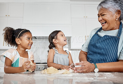 Buy stock photo Cooking dough, learning and grandmother with kids in kitchen baking dessert or pastry. Education, family care and grandma teaching sisters or children how to bake, bonding and laughing at comic joke.