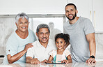 Portrait of grandparents, father and girl with tablet in kitchen smile for bonding, quality time and love. Big family, generation and happy child with digital tech smile with dad, grandma and grandpa