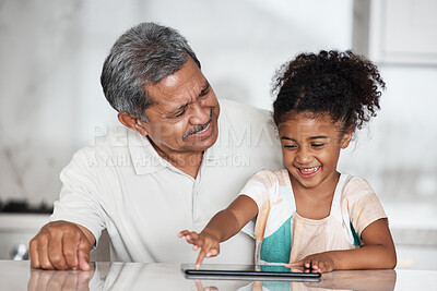 Buy stock photo Learning, grandfather and girl with tablet in home, playing online games or educational app. Family bonding, touchscreen or care of happy grandpa teaching child how to use digital technology in house