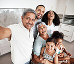 Big family, selfie and portrait in home kitchen, bonding or having fun together. Love, happy memory or father, mother and grandparents with girls or kids, laughing or taking pictures for social media