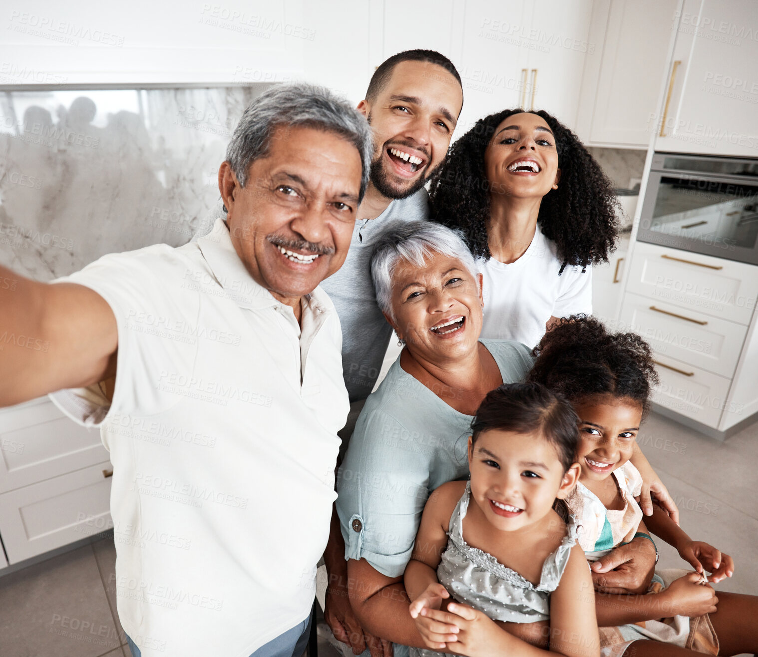 Buy stock photo Big family, selfie and portrait in home kitchen, bonding or having fun together. Love, happy memory or father, mother and grandparents with girls or kids, laughing or taking pictures for social media