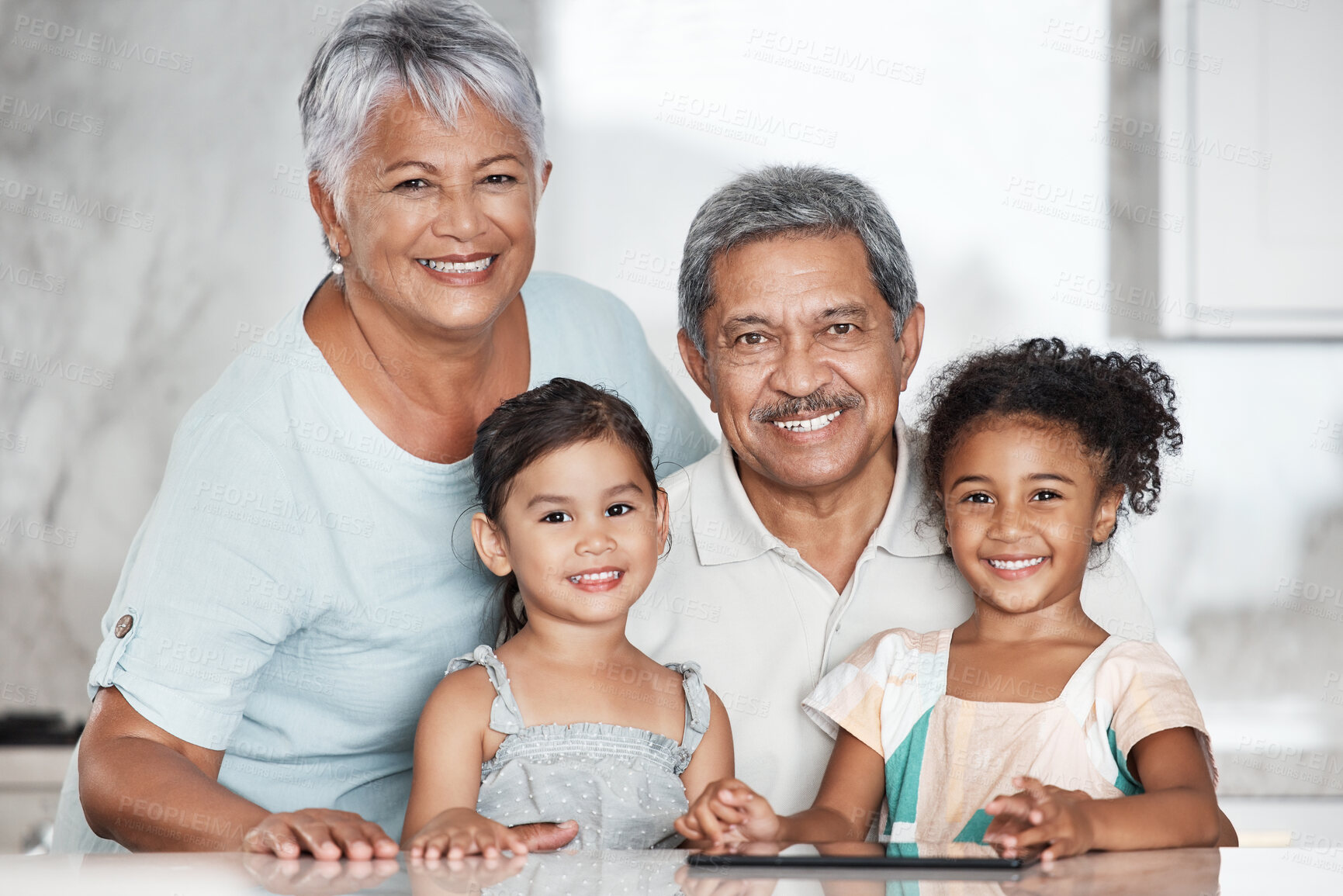 Buy stock photo Portrait, family or children with senior grandparents and girl grandchildren bonding in a house together during a visit. Kids, love or smile and happy sister siblings at home with granny and grandpa