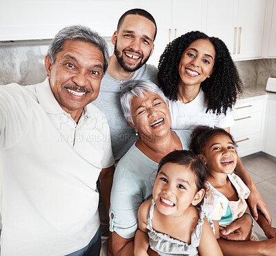 Buy stock photo Selfie, big family and portrait in home kitchen, bonding and having a fun time. Love, support or happy father, mother and grandparents with girls or kids laughing and taking pictures for social media