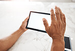 Tablet, mockup screen and hands of man wave for video call, social media and connection at home. Technology, networking and senior male with digital tech space for marketing, advertising and branding