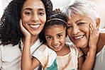 Family, generations and face with love in portrait and care at home, mother and grandmother with child together and smile. Happiness, relationship and wellness with women and girl in closeup