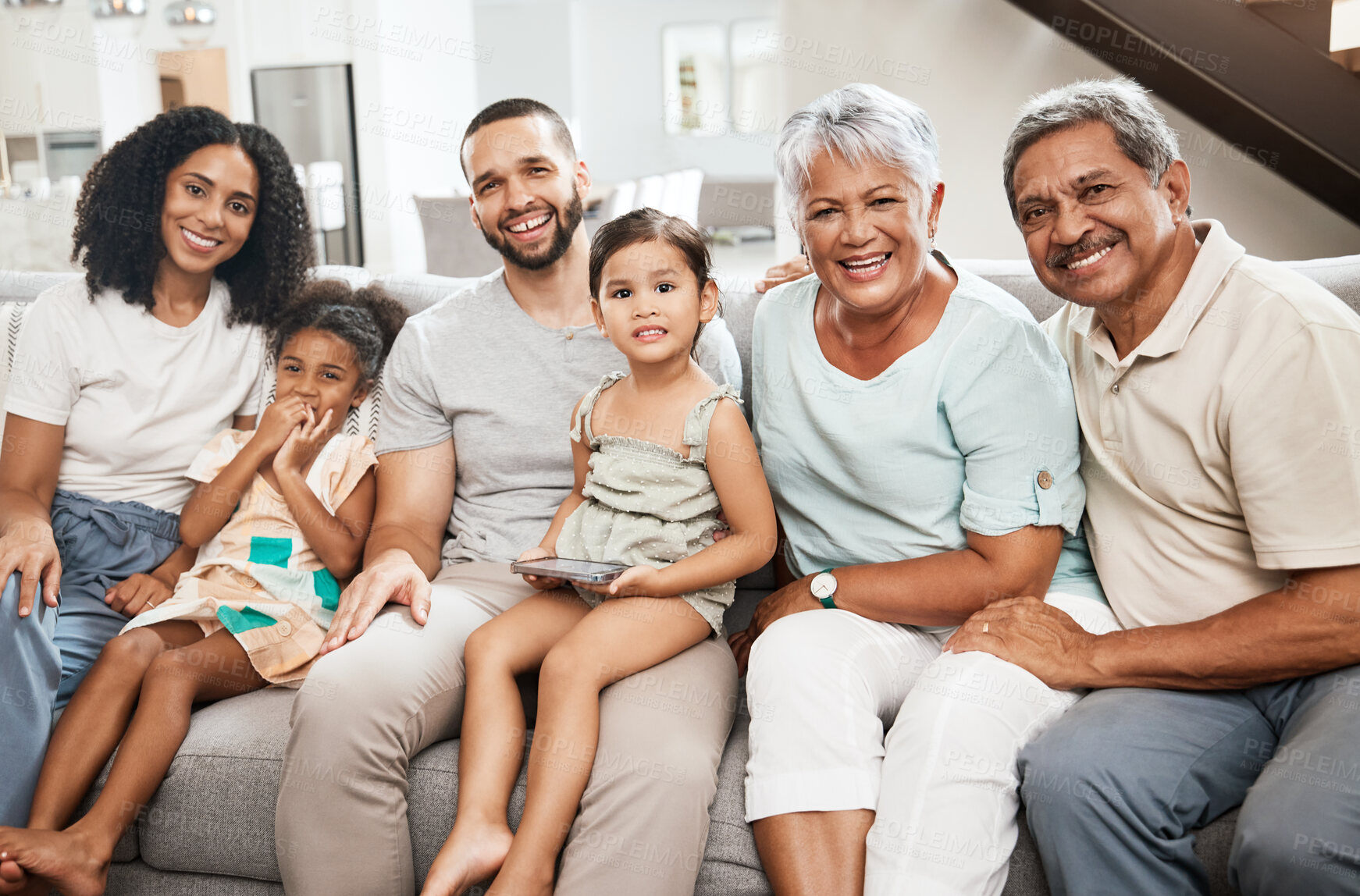 Buy stock photo Big family, portrait smile and living room sofa relaxing together for fun holiday break or weekend at home. Happy grandparents, parents and children smiling in happiness for bonding time on couch