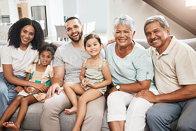 Buy stock photo Happy family, portrait smile and on living room sofa relaxing together for fun holiday break or weekend at home. Grandparents, parents and children smiling in happiness together for bonding on couch