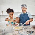 Learning, cooking grandmother and girl with egg and flour in bowl in home kitchen. Education, family care and happy grandma teaching child how to bake, bonding and enjoying baking time together.