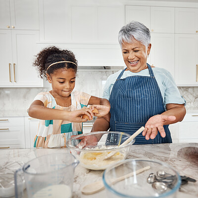 Buy stock photo Learning, cooking grandmother and girl with egg and flour in bowl in home kitchen. Education, family care and happy grandma teaching child how to bake, bonding and enjoying baking time together.