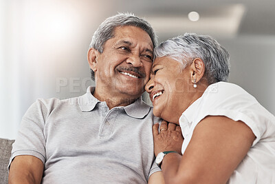 Buy stock photo Love, relax and senior couple laugh at funny joke, enjoy quality time together and bond on home living room sofa. Retirement, smile and elderly man, woman or people happy in Rio de Janeiro Brazil