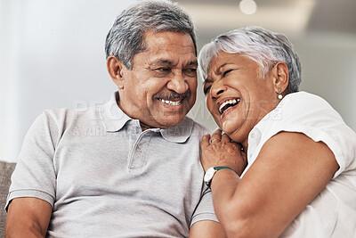Buy stock photo Love, relax and senior couple laughing at funny joke, enjoy quality time together or bond on home living room sofa. Retirement, smile and elderly man, woman or marriage people happy in house