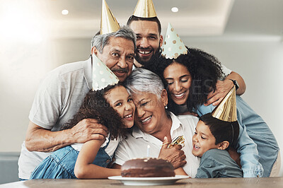 Buy stock photo Family, happy birthday and hug portrait of senior woman at a table with a cake, love and care. Smile of children, parents and grandparents together for party to celebrate excited grandma with dessert