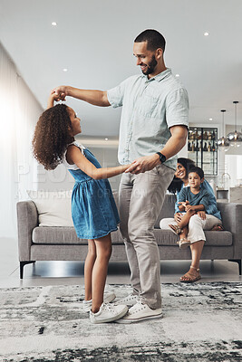 Buy stock photo Love, family and father dancing with girl, lounge and happiness together with loving, mother and son on couch. Happy, father or daughter dance in living room, quality time or bonding for child growth