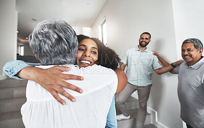 Buy stock photo Family, hug or visit with a woman and senior mother hugging in a home together during a reunion. Love, bonding and happy with a mature female hugging her adult daughter while visiting in a home