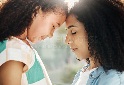 Buy stock photo Family, mother and child with love and peace outdoor, forehead touching with embrace, calm and content. Relationship, trust and support, black woman and girl, motherhood and parenting with connection
