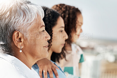 Buy stock photo Family generation of child, mom and grandmother bonding, calm or enjoy outdoor quality time together. Love, freedom peace and face profile of relax people on holiday vacation in Rio de Janeiro Brazil