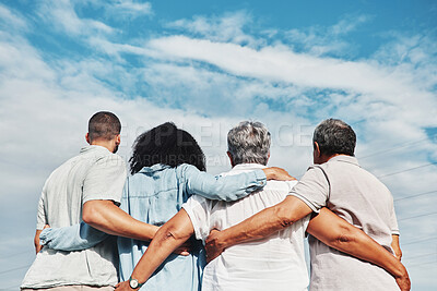 Buy stock photo Family, back and hug with blue sky and grandparents and man together outdoor. Love, care and senior people looking at view in nature feeling happiness and joy from travel for holiday in summer