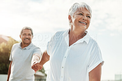Buy stock photo Senior couple holding hands in park for outdoor wellness, happy retirement and valentines love in Mexico. Mexican elderly woman with her partner walking together for nature support, care and fun