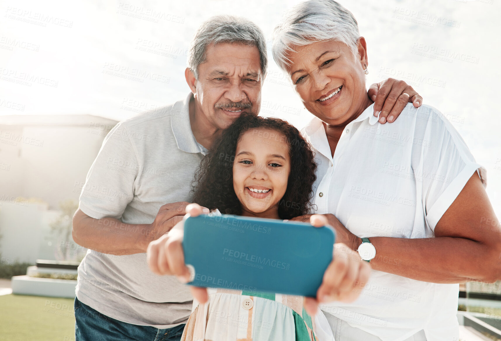 Buy stock photo Grandparents, child and bonding selfie in garden, nature park or backyard in family support, social media or profile picture. Smile, happy and kid and retirement elderly, man or woman in photography