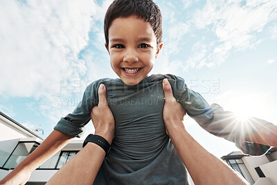 Buy stock photo Family, fun and portrait of boy in air enjoying playing outdoors on holiday, vacation and weekend at home. Love, childhood and happy face of boy in parents arms for bonding, quality time and relax